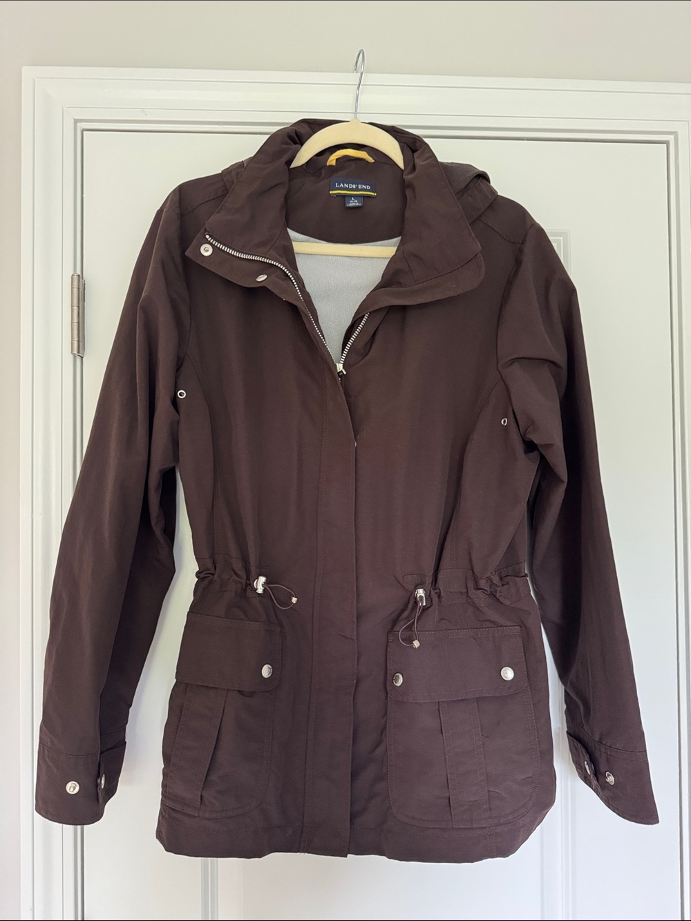 Lands’ End Women's Chocolate Brown Hooded Rain Jacket – Size L (14–16)